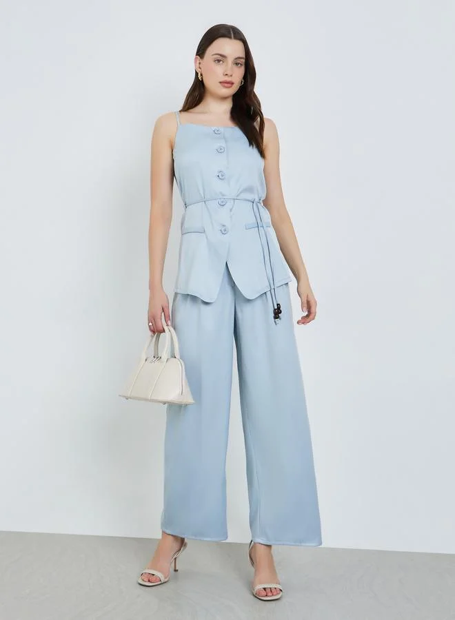 Styli Women Blue Fold Pleat Wide Leg Formal Pants